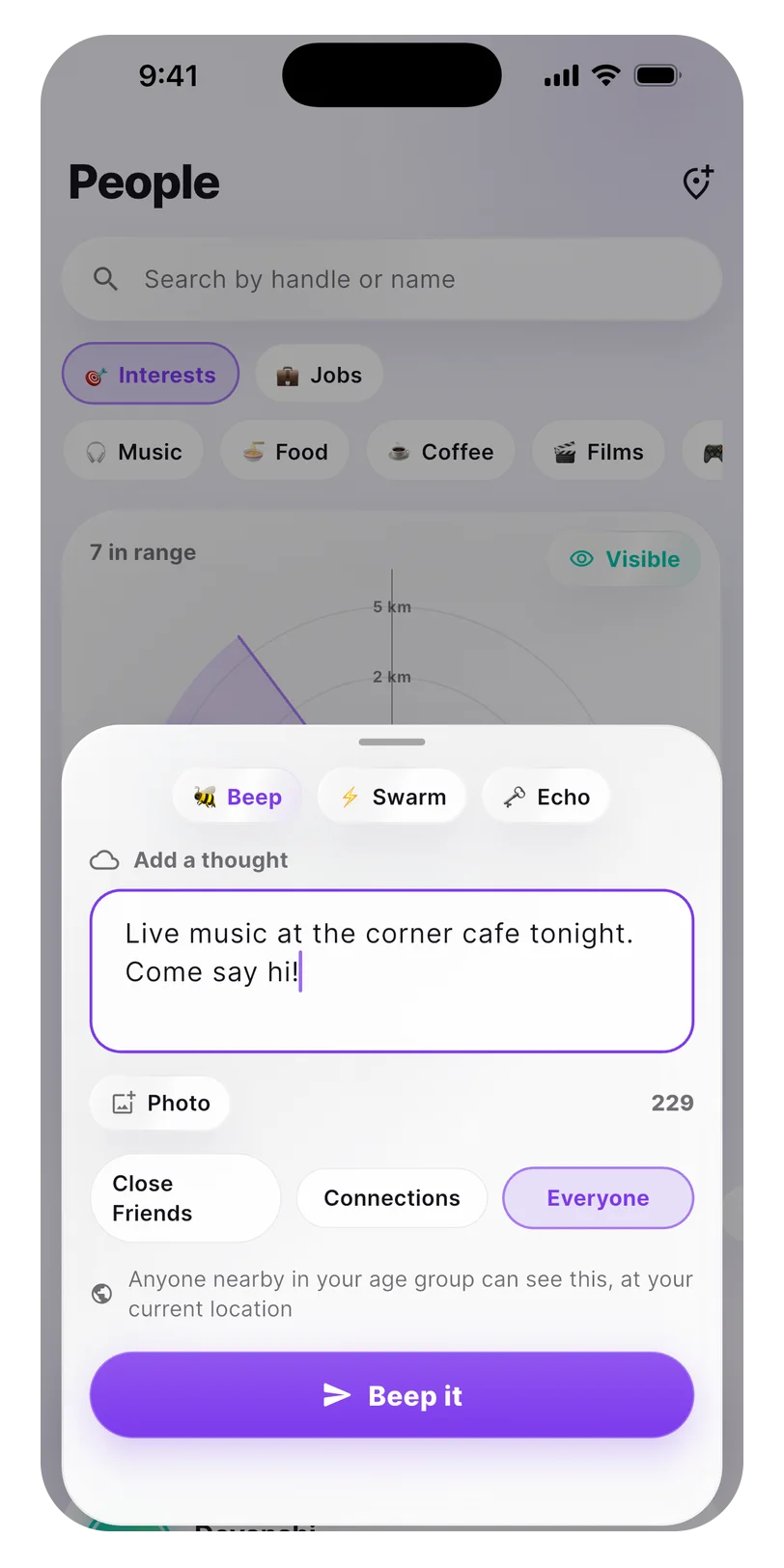 Beep it screen in the Beep app