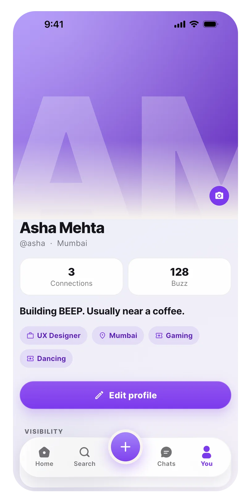 Your profile screen in the Beep app